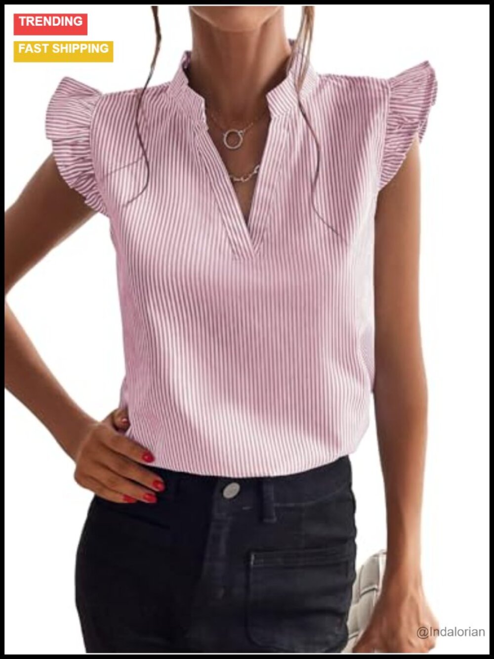 Striped Ruffle Cap Sleeve V Neck Blouse Summer Work Casual Top